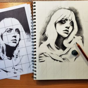 a charcoal sketch of singer Billie Eilish