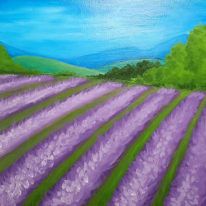 an acrylic painting of lavender fields under a blue sky with distant hills